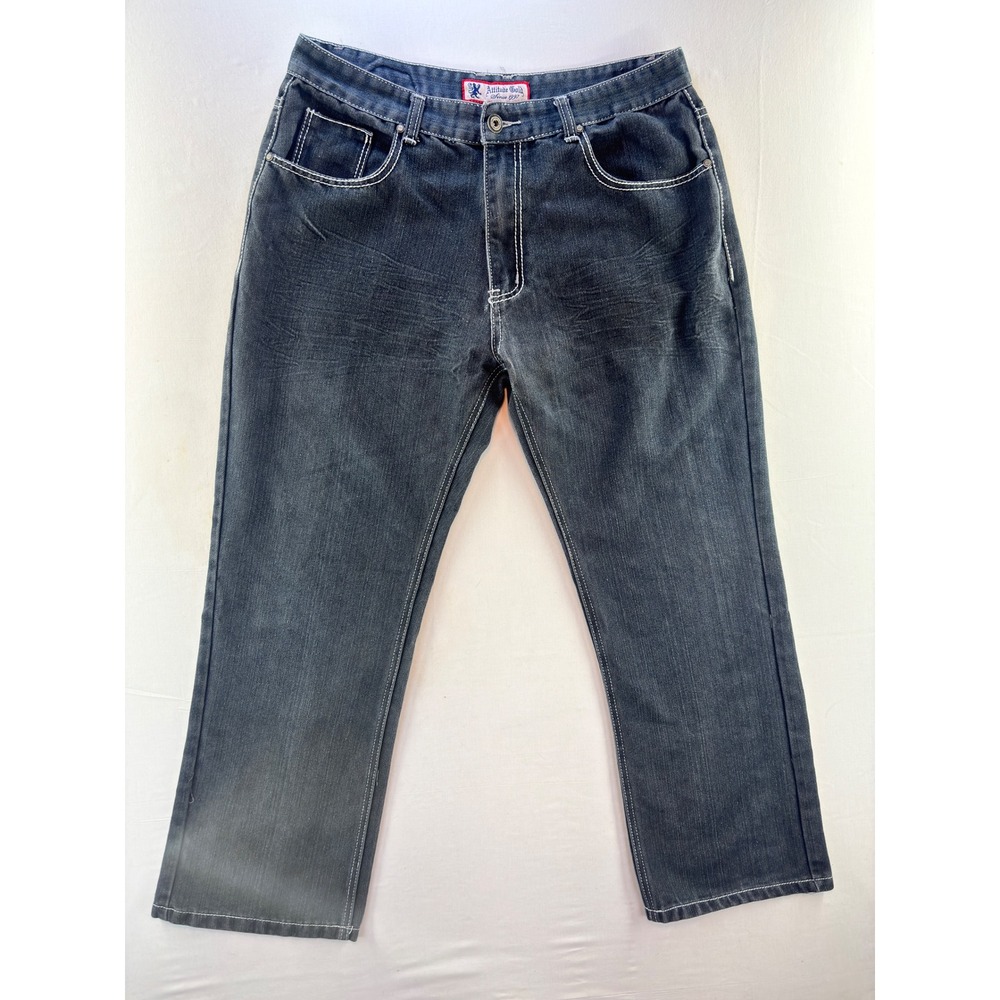 Attitude Gold Mens 38x32 Relaxed Jeans Dark Wash Plaid Contrast Stitch Y2K "gray